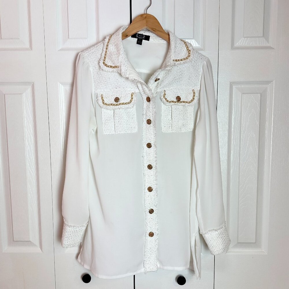 Vintage Couture Style Tweed Silk Chain Gold Button Blouse